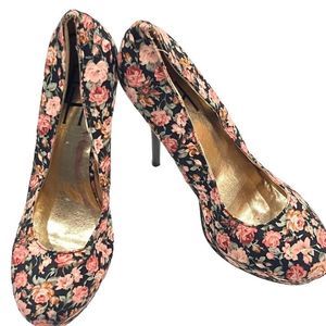 FH Black Floral Platform Super High Heels Size 8.5
